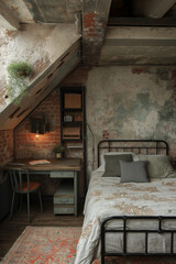 Photographie intérieure studio étudiant style industriel, murs en briques apparentes, cadre de lit en métal noir, bureau en bois récupéré, éclairage minimaliste, pour une ambiance urbaine et tendance