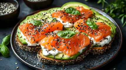Smoked Salmon, Avocado, and Cream Cheese Toast Topped with Everything Bagel Seasoning on a Dark Plate.