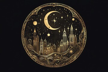 3d modern Islamic holiday background. Muslim Holy Month Ramadan Kareem - Ornamental Arabic Lantern metal moon, and mosque portal, luxury