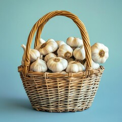Wicker basket overflowing with fresh garlic bulbs.