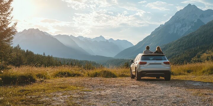 A couple on a car trip, taking a break at a scenic overlook with mountains in the background.