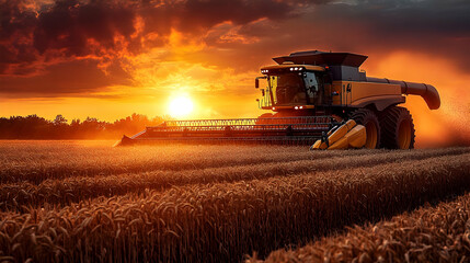 Combine Harvester harvests wheat in a field at sunset. Agriculture, farming, and industry.