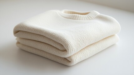 Folded cream-colored sweater on white background.