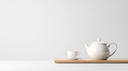 Obraz premium Elegant White Tea Set Mockup: Clean Minimalist 3D Render on Wooden Surface. AI Generated