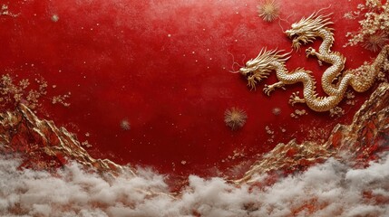 Golden dragons on red background with clouds and mountains.