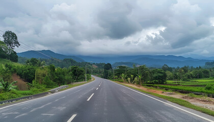 Straight highway road with black rain clouds natural landscape before the rainstorm