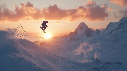 A snowboarder mid-air, performing a stylish trick above a snow-covered mountain range, with the sun setting behind, capturing the energy of World Snowboard Day, 