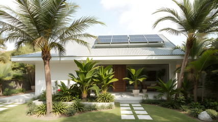 Fototapeta premium house project natural materials light colours glass modern style tropical plants sustainable building solar panels green roof light colours pitched roof big site