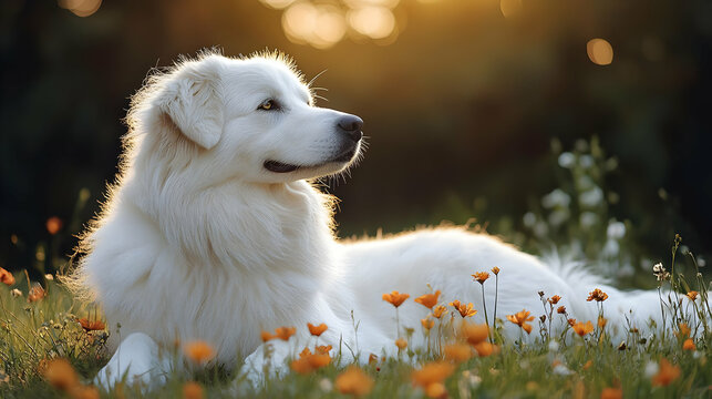 White Fluffy Dog Lies Serenely in a Field of Orange and White Flowers at Sunset