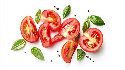 Naklejka premium Vibrant Tomato Slices and Fresh Basil Photo: A Close-Up Culinary Delight. AI Generated