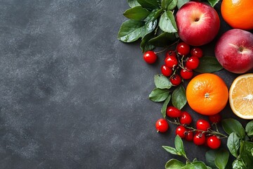 A colorful arrangement of fresh fruits on a dark surface, showcasing natural beauty.