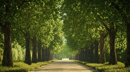 Sunlit Pathway Through Lush Green Tree Lined Avenue