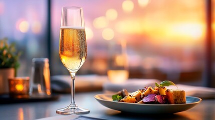 Close-up Photo: Sparkling Champagne and Gourmet Appetizer at Sunset Restaurant. AI Generated