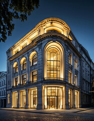 Majestic Corner Building at Dusk: Architectural marvel illuminated at night, showcasing neoclassical design, elegant lighting, and grand entrance. Captures luxury, sophistication, and timeless beauty.