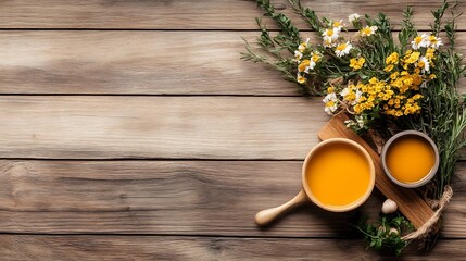 Vibrant Flatlay Photo: Golden Herbal Tea on Rustic Wood. AI Generated