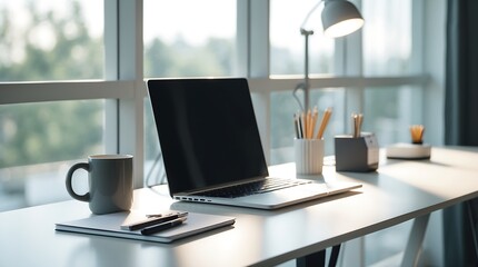 Fototapeta premium Modern Workspace by Window: Laptop, Coffee, and Desk Essentials