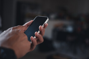 Close up man using smart phone, Social media marketing concept. hand using smartphone typing, chatting conversation in chat box icons pop up