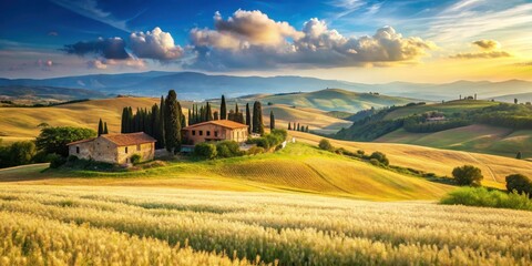 Obraz premium Golden Hour Serenity Picturesque Farmhouse nestled amongst rolling hills and tall cypress trees, bathed in the warm glow of sunset