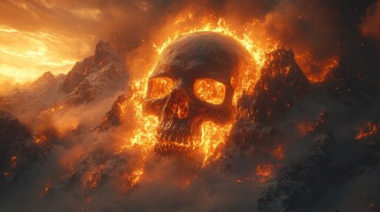 Flaming Skull on a Mountain: A Bold Fantasy Illustration of a Fiery Spirit