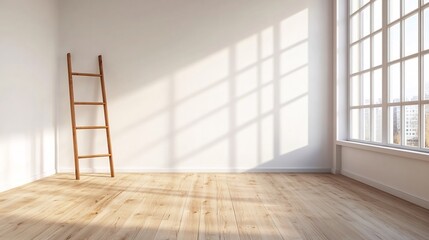 Modern Minimalist Room Mockup: Sunlit Wooden Floor and Ladder Photo. AI Generated