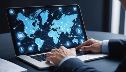 A man is typing on a laptop with a world map on the screen