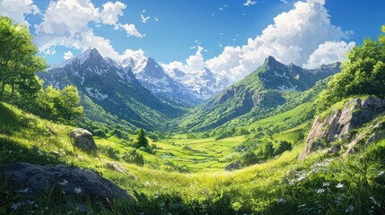 Naklejka premium Serene Mountain Valley Landscape Under a Summer Sky