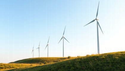 Fototapeta premium A row of wind turbines are on a hillside, with the sun shining brightly on them