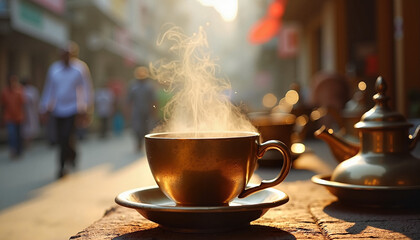 Steaming tea cup on a vibrant street in morning light