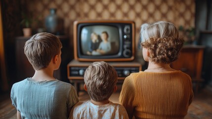 A family of three watches TV together, highlighting family bonding and generational connections.