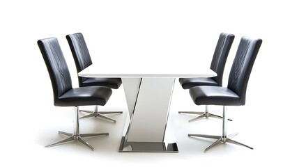 A white table with four black chairs around it