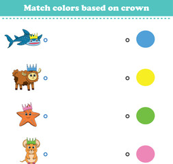 Match the color of the animal's crown. Educational game for color recognition