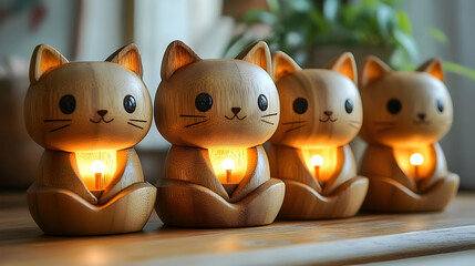 Photo of Wooden Cat Figurines with LED Lights, Home Decor