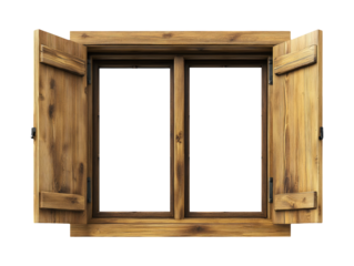 Wooden Window with Rotating Mechanism and Open Shutters
