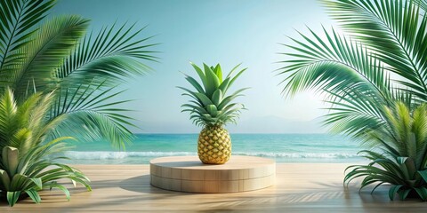 Fototapeta premium Serene Tropical Paradise A Single Pineapple Rests on a Wooden Display, Framed by Lush Palm Fronds and the Tranquil Ocean