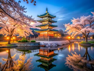 Beautiful cherry blossom and pagoda in south Korea with night.
