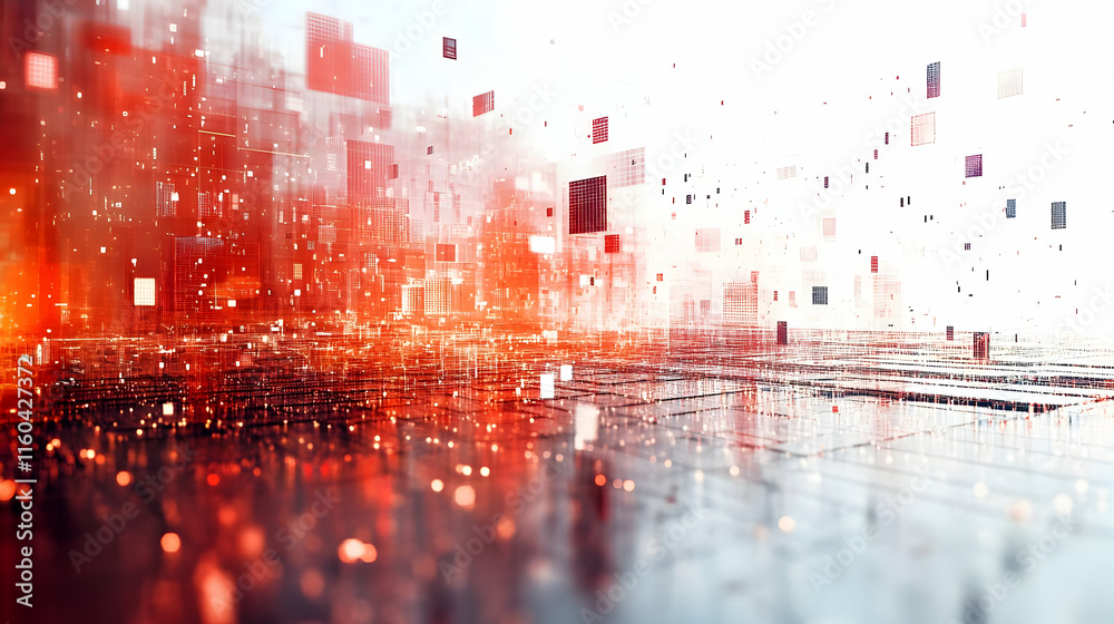 Poster abstract digital landscape with floating data blocks and glowing particles.