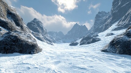 Snow covered mountains under a bright winter sky