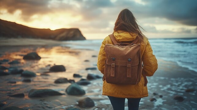 A woman wearing a yellow jacket and backpack hikes along a rocky coastline during dusk light.