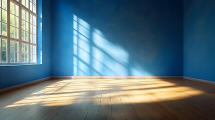 3D Illustration Empty Room Blue Wall Wooden Floor Sunlight Window