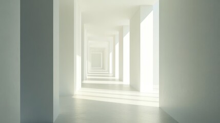 Sunlit minimalist white hallway with columns.