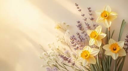 Yellow daffodils and lavender blooms on taupe background with sunlight