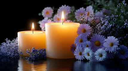 3D Illustration - Candlelight Flowers Reflection Still Life Serenity Peace Tranquility Meditation Spa Wellness Aroma Therapy Floral