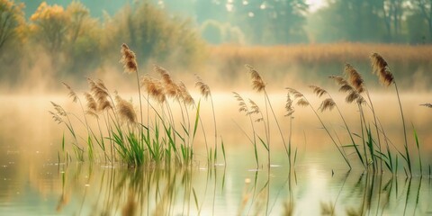 Fototapeta premium Serene Dawn Reeds Reflecting in a Misty Lake, Golden Hour Light