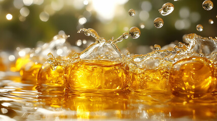 Photo Golden Liquid Splashing with Bokeh Background