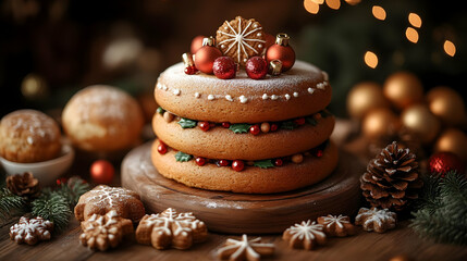 Photo: Festive Holiday Cake with Cookies and Decorations