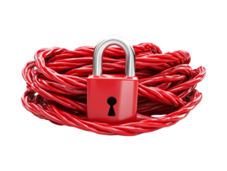 Locked Red Cable Coil with Padlock on Transparent Background