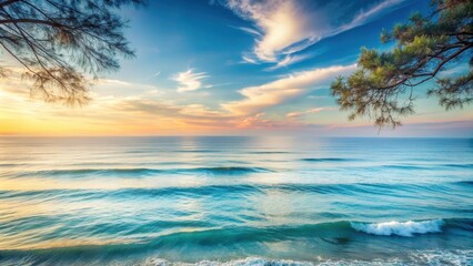 Naklejka premium Serene Coastal Sunset Ocean Waves Roll Gently Under a Vibrant Sky with Silhouetted Tree Branches