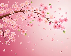 Beautiful cherry blossom branch on pink background. Cherry petals are falling.