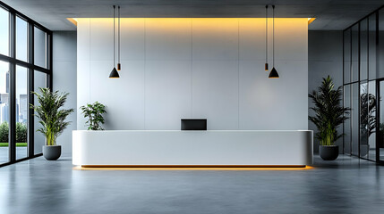 3D Illustration Modern Office Reception Interior Design, Lobby, Plants, Lighting
