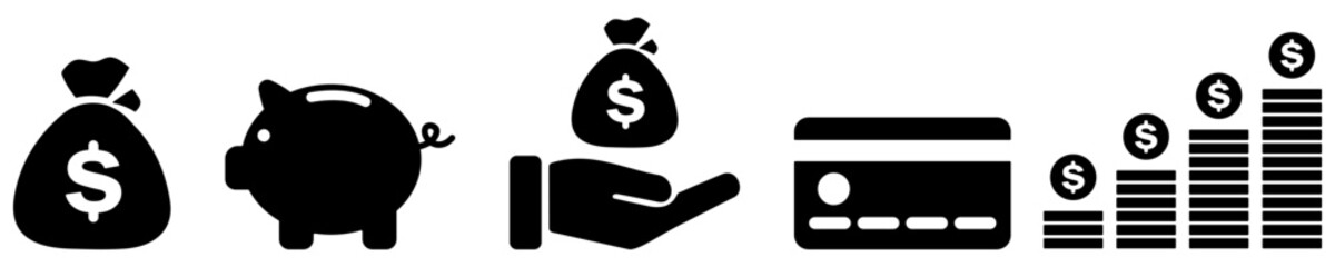 financial icons Business icons, money signs Shiny money collection with card icon coin silhouette icon growth chart Money bag or collectible Piggy bank flat style stock vector.